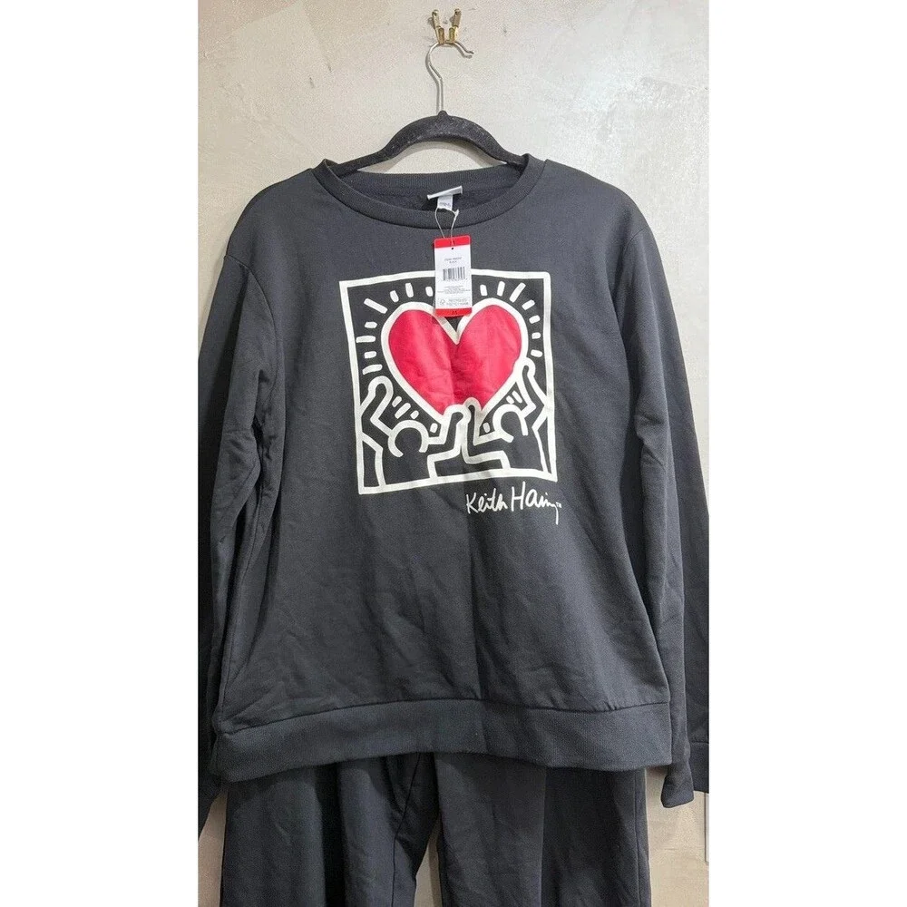 Keith Haring Womens 2 PC Lounge Set Black NWT Jogger Medium Sleepwear Fleece - Picture 3 of 5